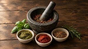 Granitmörser mit zerstoßenem Pfeffer, davor Schälchen mit grünem Pesto, roter Currypaste und einer Gewürzmischung, daneben Basilikum und Rosmarin (KI-generiertes Bild)