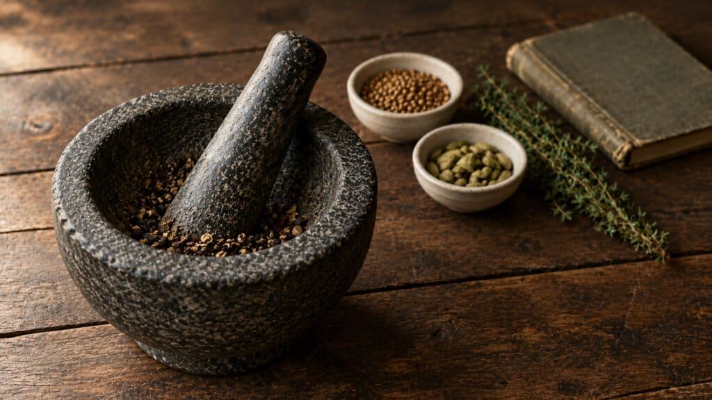 Granitmörser mit Stößel und zerstoßenem Pfeffer auf einem alten Holztisch, dahinter Schälchen mit Koriander und Kardamom, Thymian und ein abgegriffenes Notizbuch (KI-generiertes Bild)