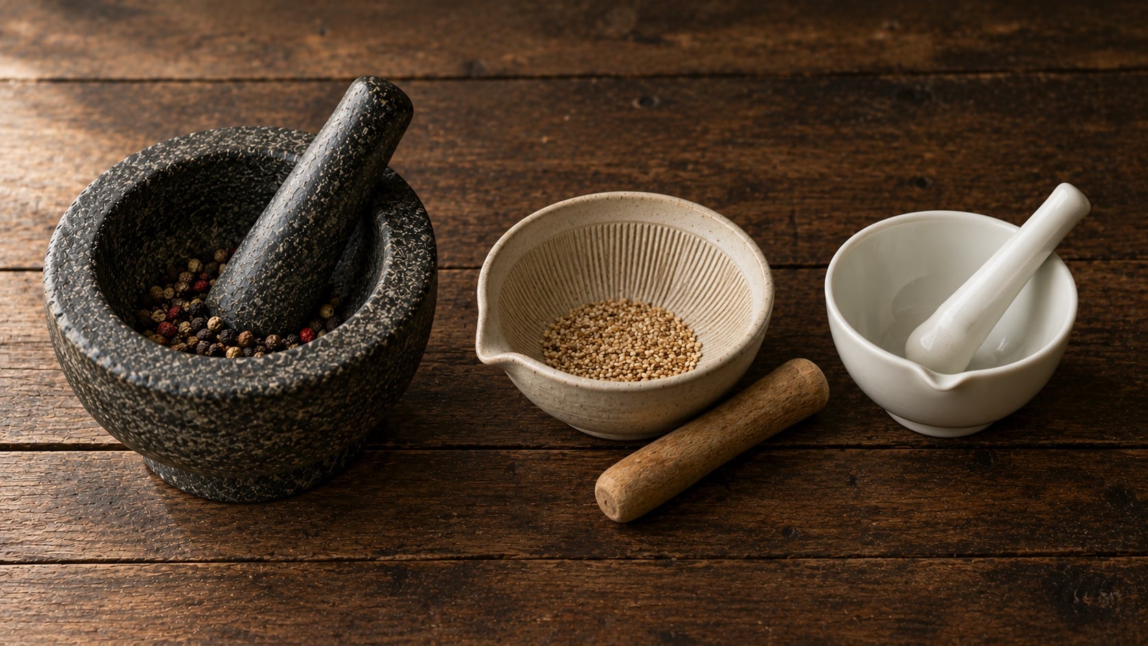 Drei Mörserformen nebeneinander: ein dickwandiger Granitmörser mit Pfefferkörnern, eine gerillte Keramik-Reibschale mit Sesam und eine glatte weiße Porzellanschale mit Ausguss (KI-generiertes Bild)