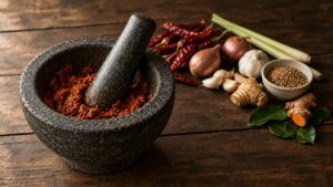 Granitmörser mit grob zerstoßener roter Currypaste, daneben getrocknete Chilis, Schalotten, Knoblauch, Galgant, Zitronengras, Koriandersamen, Kurkuma und Kaffirlimettenblätter (KI-generiertes Bild)